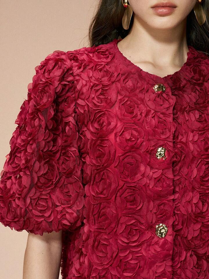 CM-TS034531 Women Elegant Seoul Style Floral Round Neck Petal Puff Sleeve Blouse - Burgundy