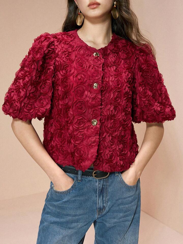 CM-TS034531 Women Elegant Seoul Style Floral Round Neck Petal Puff Sleeve Blouse - Burgundy
