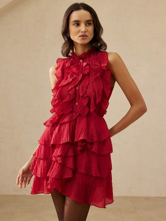 CM-DS464960 Women Elegant Seoul Style Multi-Layer Tiered Hem Ruffle Trim Stand Collar Sleeveless Mini Dress - Red