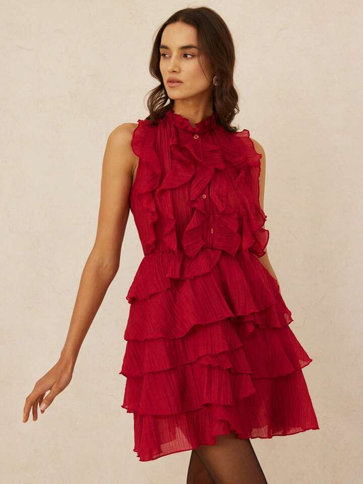 CM-DS464960 Women Elegant Seoul Style Multi-Layer Tiered Hem Ruffle Trim Stand Collar Sleeveless Mini Dress - Red