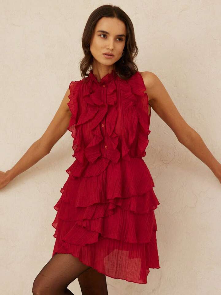 CM-DS464960 Women Elegant Seoul Style Multi-Layer Tiered Hem Ruffle Trim Stand Collar Sleeveless Mini Dress - Red