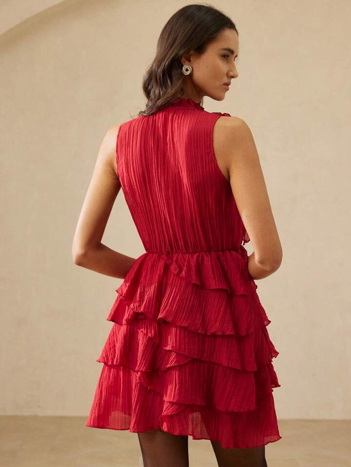 CM-DS464960 Women Elegant Seoul Style Multi-Layer Tiered Hem Ruffle Trim Stand Collar Sleeveless Mini Dress - Red