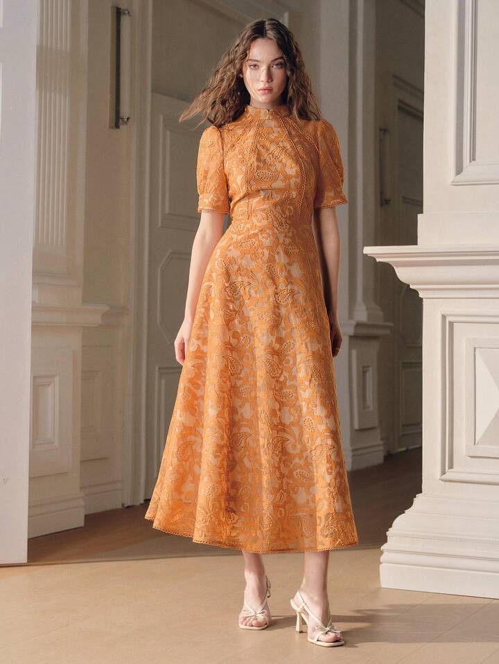CM-DS656166 Women Elegant Seoul Style High Neck Embroidered Floral Half Sleeve A-Line Dress - Yellow