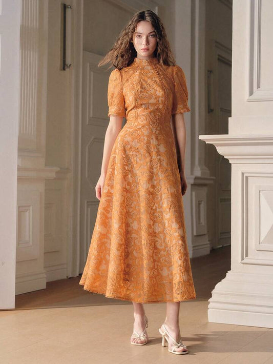 CM-DS656166 Women Elegant Seoul Style High Neck Embroidered Floral Half Sleeve A-Line Dress - Yellow