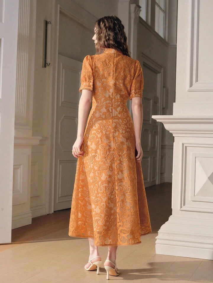CM-DS656166 Women Elegant Seoul Style High Neck Embroidered Floral Half Sleeve A-Line Dress - Yellow