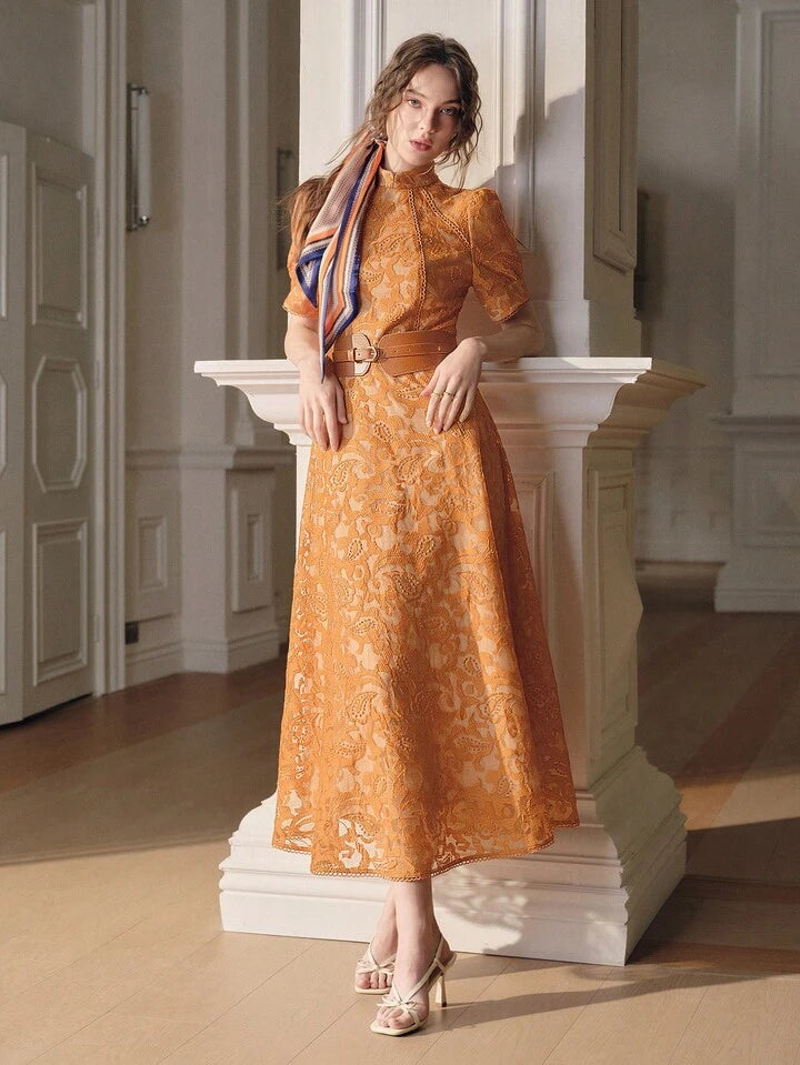 CM-DS656166 Women Elegant Seoul Style High Neck Embroidered Floral Half Sleeve A-Line Dress - Yellow