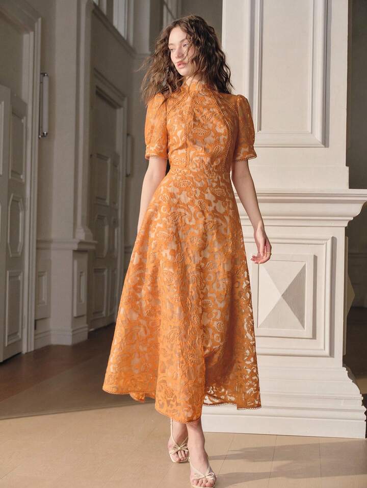 CM-DS656166 Women Elegant Seoul Style High Neck Embroidered Floral Half Sleeve A-Line Dress - Yellow