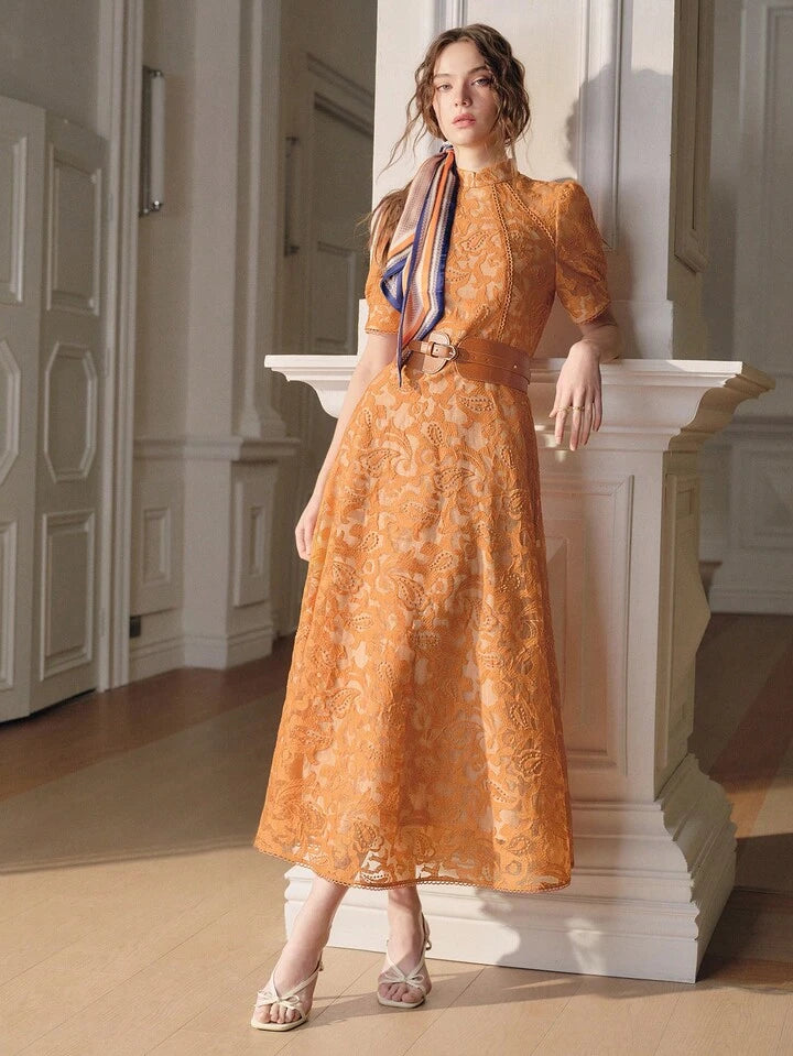 CM-DS656166 Women Elegant Seoul Style High Neck Embroidered Floral Half Sleeve A-Line Dress - Yellow