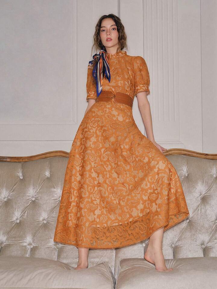 CM-DS656166 Women Elegant Seoul Style High Neck Embroidered Floral Half Sleeve A-Line Dress - Yellow