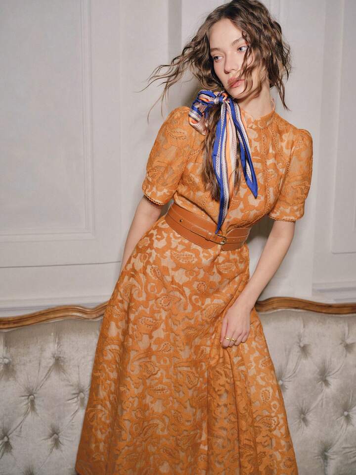 CM-DS656166 Women Elegant Seoul Style High Neck Embroidered Floral Half Sleeve A-Line Dress - Yellow
