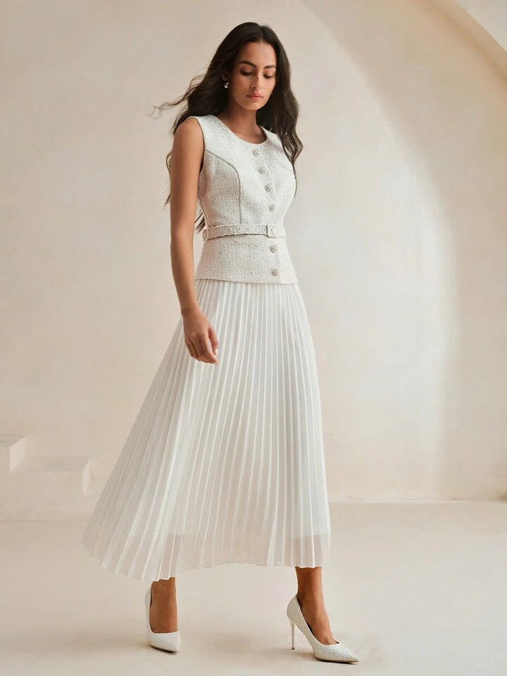 CM-DS936383 Women Elegant Seoul Style Patchwork Chiffon 2 In 1 Pleated Maxi Tweed Dress - White
