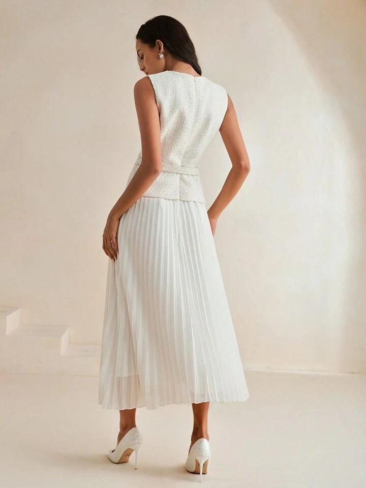 CM-DS936383 Women Elegant Seoul Style Patchwork Chiffon 2 In 1 Pleated Maxi Tweed Dress - White