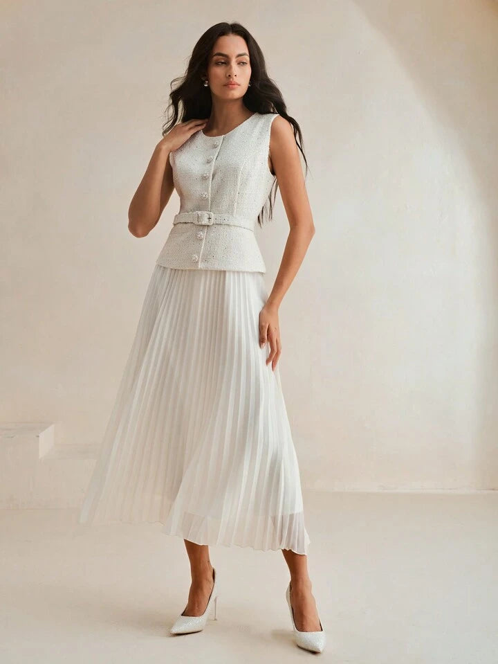 CM-DS936383 Women Elegant Seoul Style Patchwork Chiffon 2 In 1 Pleated Maxi Tweed Dress - White
