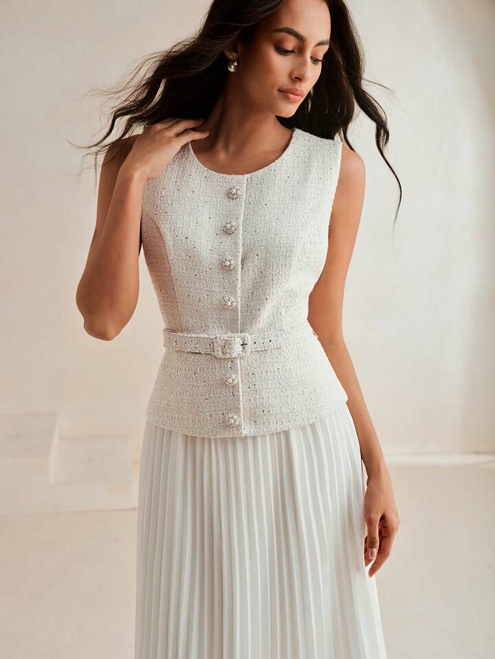 CM-DS936383 Women Elegant Seoul Style Patchwork Chiffon 2 In 1 Pleated Maxi Tweed Dress - White