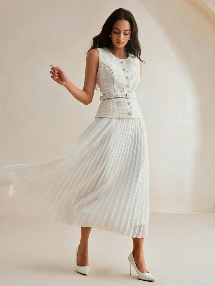 CM-DS936383 Women Elegant Seoul Style Patchwork Chiffon 2 In 1 Pleated Maxi Tweed Dress - White