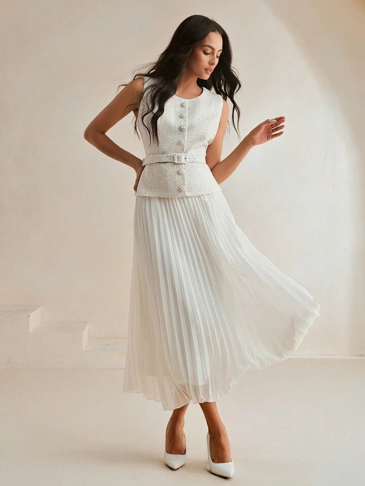 CM-DS936383 Women Elegant Seoul Style Patchwork Chiffon 2 In 1 Pleated Maxi Tweed Dress - White
