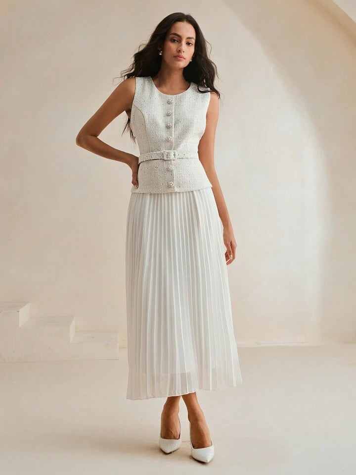 CM-DS936383 Women Elegant Seoul Style Patchwork Chiffon 2 In 1 Pleated Maxi Tweed Dress - White