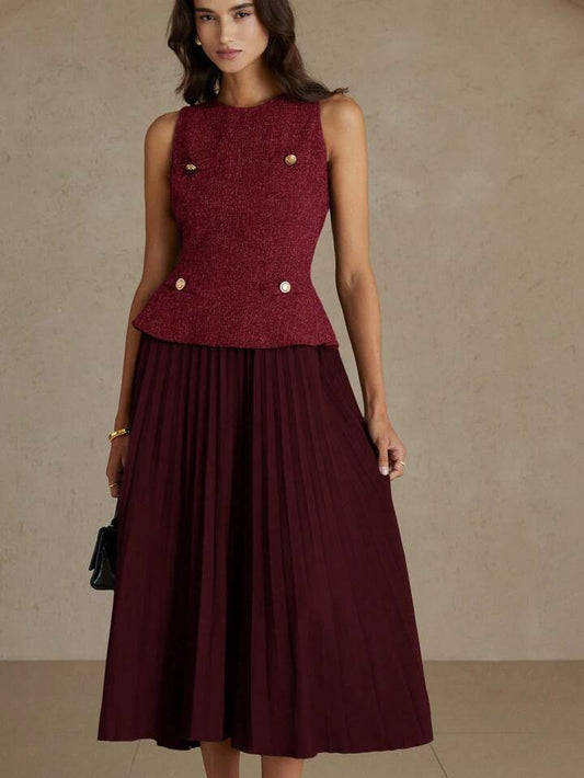 CM-DS174912 Women Elegant Seoul Style Round Neck Sleeveless Pleated Waist A-Line Midi Dress - Red