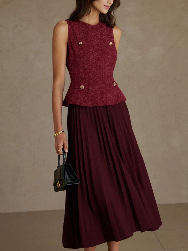 CM-DS174912 Women Elegant Seoul Style Round Neck Sleeveless Pleated Waist A-Line Midi Dress - Red