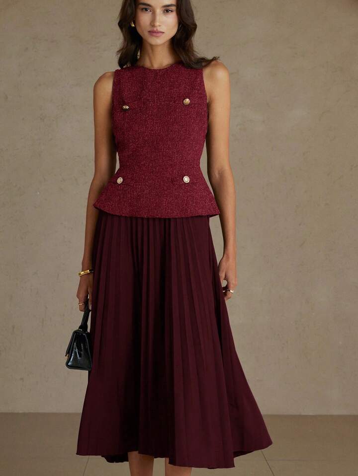 CM-DS174912 Women Elegant Seoul Style Round Neck Sleeveless Pleated Waist A-Line Midi Dress - Red
