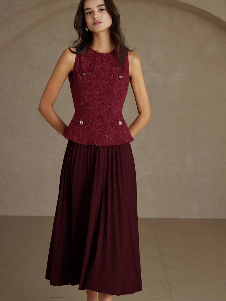 CM-DS174912 Women Elegant Seoul Style Round Neck Sleeveless Pleated Waist A-Line Midi Dress - Red