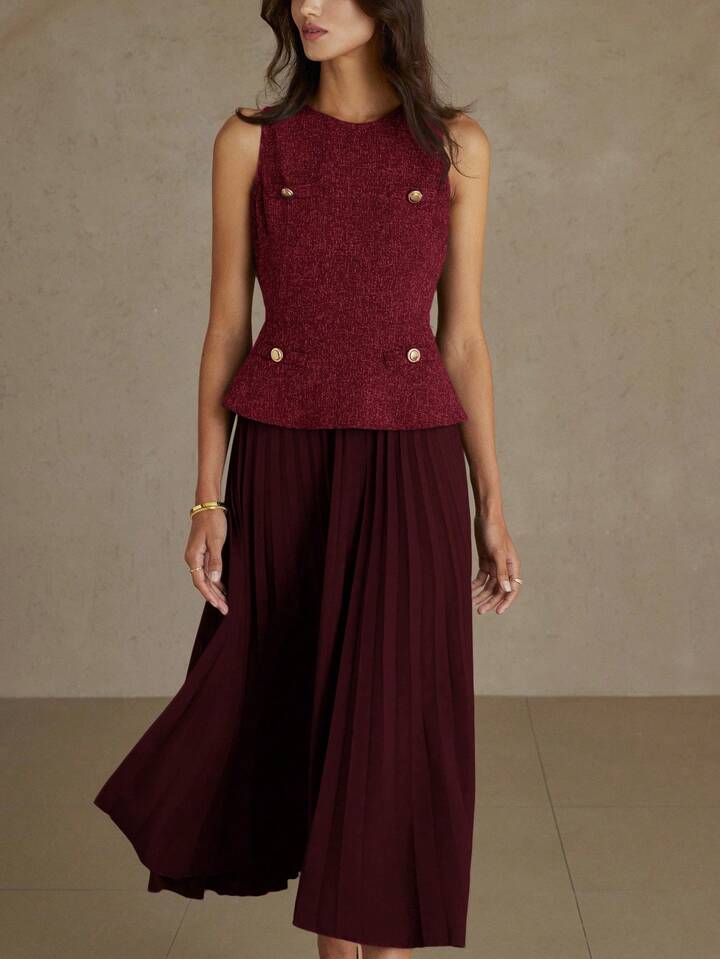 CM-DS174912 Women Elegant Seoul Style Round Neck Sleeveless Pleated Waist A-Line Midi Dress - Red