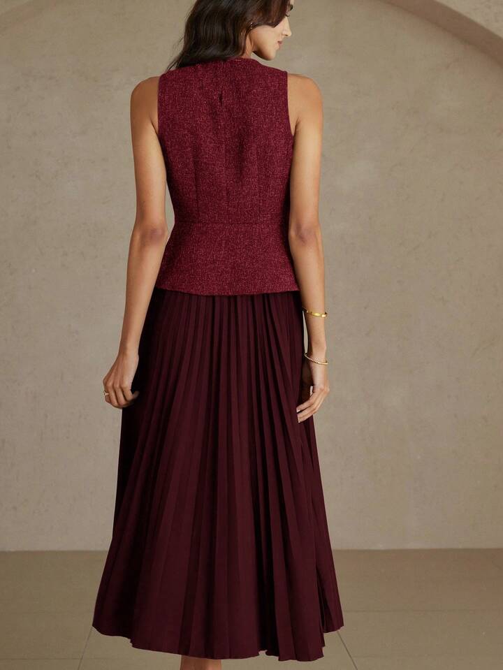 CM-DS174912 Women Elegant Seoul Style Round Neck Sleeveless Pleated Waist A-Line Midi Dress - Red