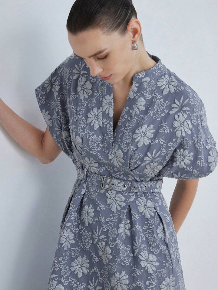 CM-DS828504 Women Elegant Seoul Style Notched Neckline Batwing Sleeve Jacquard Blended Belted Midi Dress