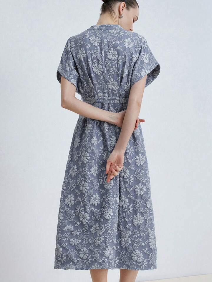 CM-DS828504 Women Elegant Seoul Style Notched Neckline Batwing Sleeve Jacquard Blended Belted Midi Dress
