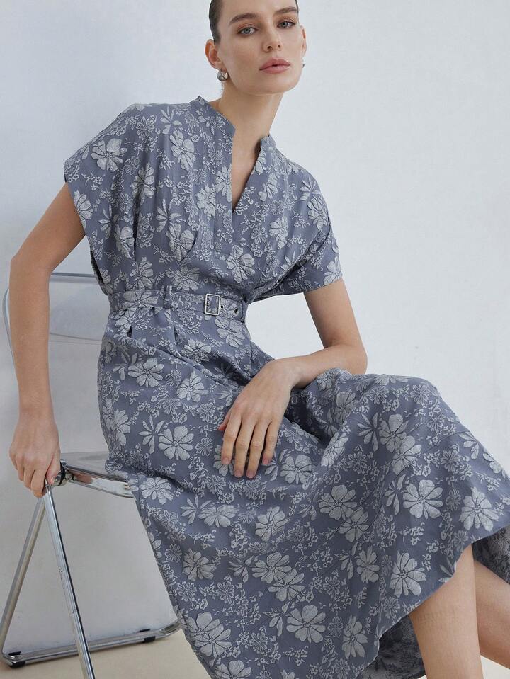 CM-DS828504 Women Elegant Seoul Style Notched Neckline Batwing Sleeve Jacquard Blended Belted Midi Dress