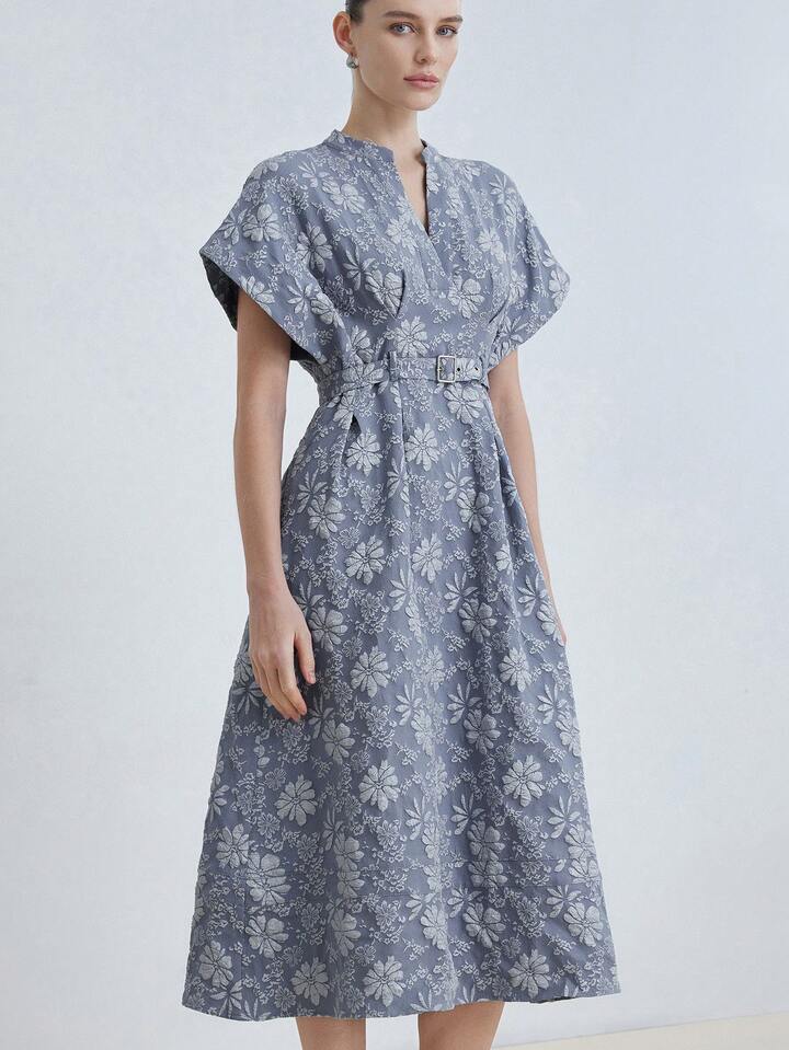 CM-DS828504 Women Elegant Seoul Style Notched Neckline Batwing Sleeve Jacquard Blended Belted Midi Dress