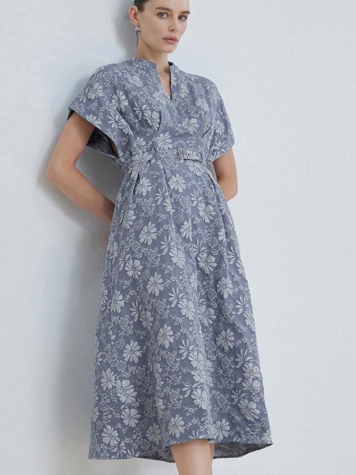 CM-DS828504 Women Elegant Seoul Style Notched Neckline Batwing Sleeve Jacquard Blended Belted Midi Dress