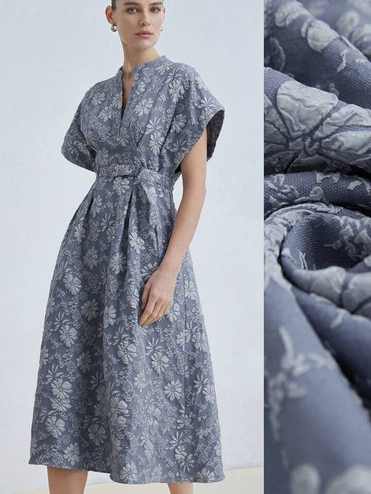 CM-DS828504 Women Elegant Seoul Style Notched Neckline Batwing Sleeve Jacquard Blended Belted Midi Dress