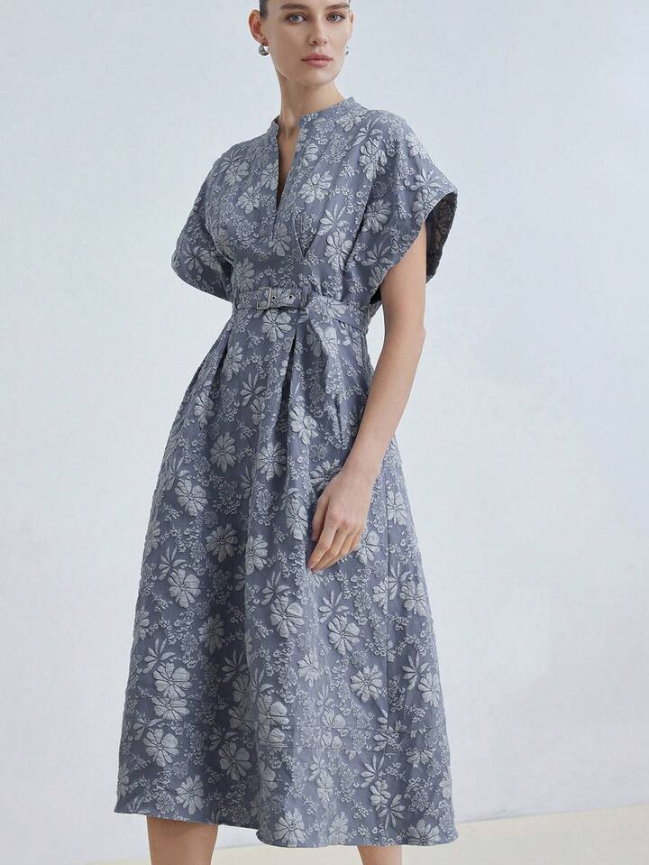 CM-DS828504 Women Elegant Seoul Style Notched Neckline Batwing Sleeve Jacquard Blended Belted Midi Dress