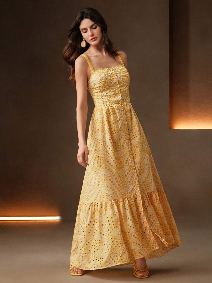 CM-DS174004 Women Elegant Seoul Style Floral Embroidered Hollow Out Ruffle Hem A-Line Long Dress - Yellow