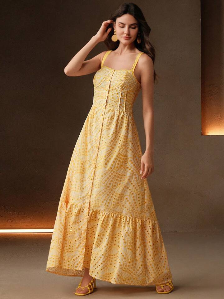 CM-DS174004 Women Elegant Seoul Style Floral Embroidered Hollow Out Ruffle Hem A-Line Long Dress - Yellow