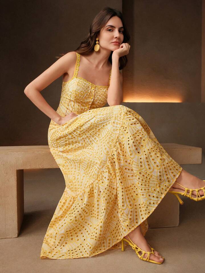 CM-DS174004 Women Elegant Seoul Style Floral Embroidered Hollow Out Ruffle Hem A-Line Long Dress - Yellow