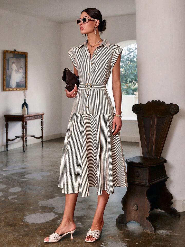 CM-DS386949 Women Casual Seoul Style Collar Neckline Batwing Sleeve Front Button Striped Dress - Brown