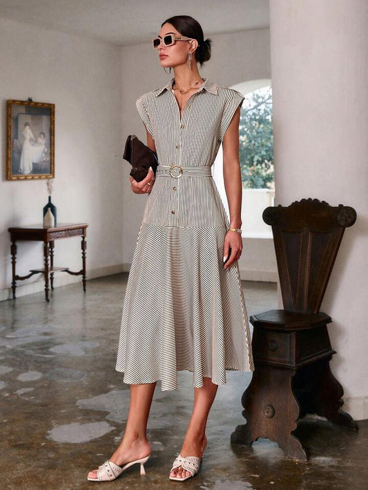 CM-DS386949 Women Casual Seoul Style Collar Neckline Batwing Sleeve Front Button Striped Dress - Brown