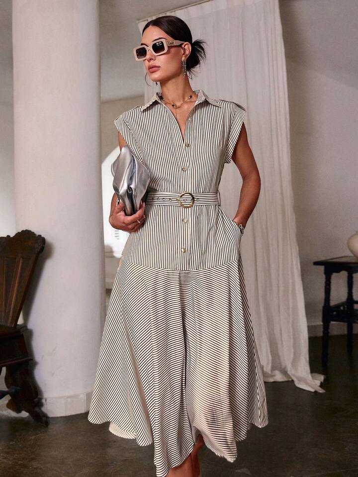 CM-DS386949 Women Casual Seoul Style Collar Neckline Batwing Sleeve Front Button Striped Dress - Brown
