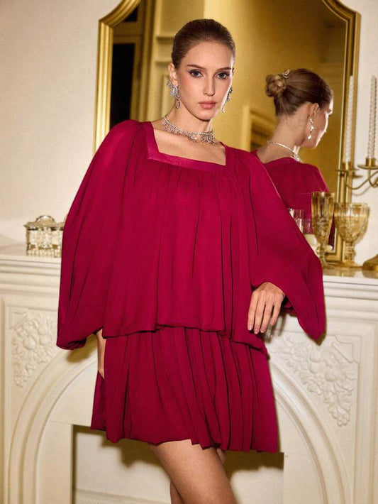 CM-DS209036 Women Elegant Seoul Style Square Collar 3/4 Sleeve Waist Cinched Pleated Hem Dress - Red