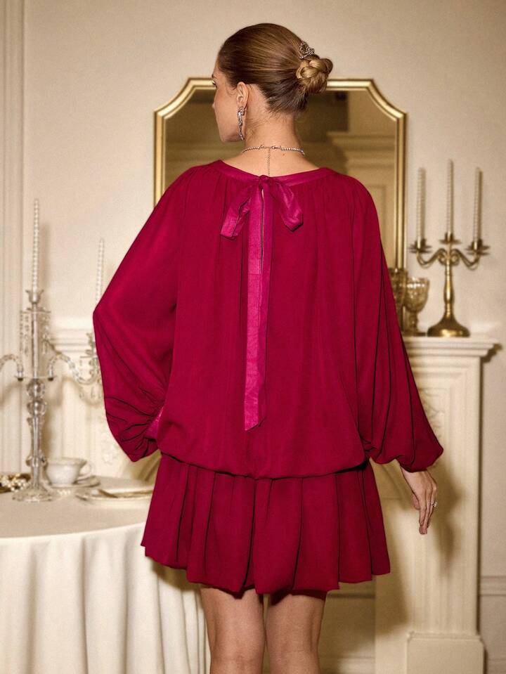 CM-DS209036 Women Elegant Seoul Style Square Collar 3/4 Sleeve Waist Cinched Pleated Hem Dress - Red