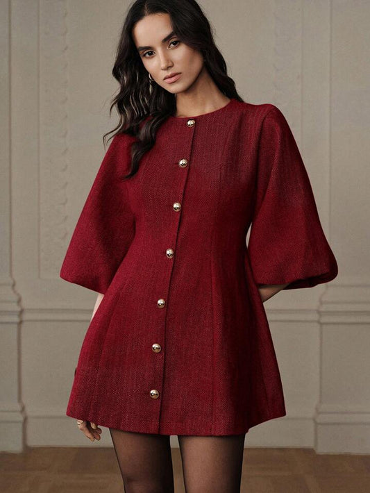 CM-DS217200 Women Elegant Seoul Style Round Neck Lantern Sleeve Single-Breasted Herringbone Knit Dress - Red