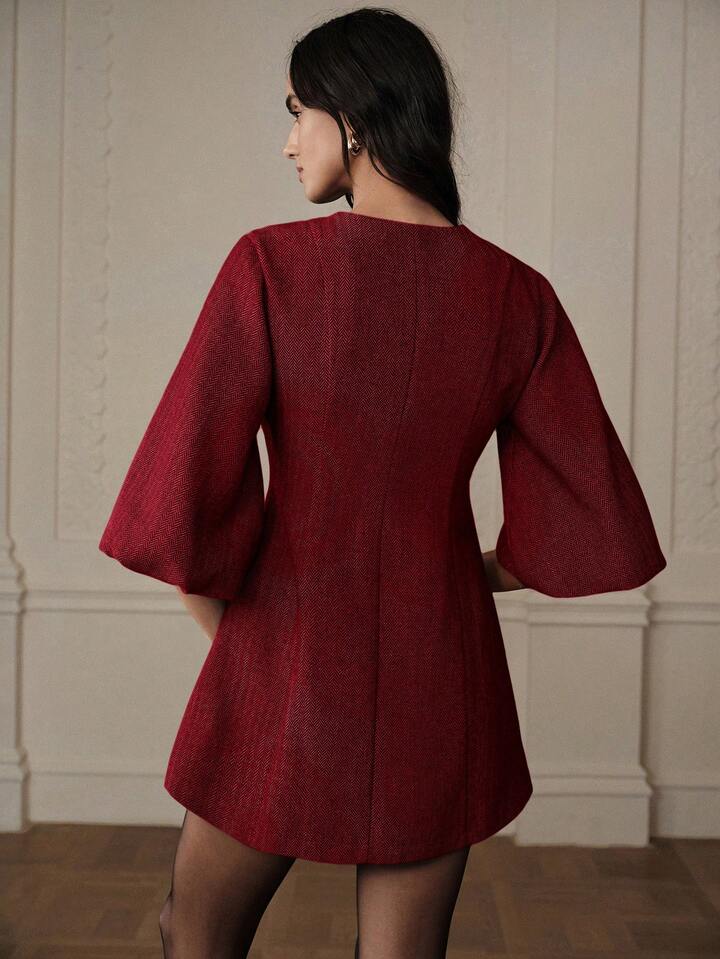 CM-DS217200 Women Elegant Seoul Style Round Neck Lantern Sleeve Single-Breasted Herringbone Knit Dress - Red