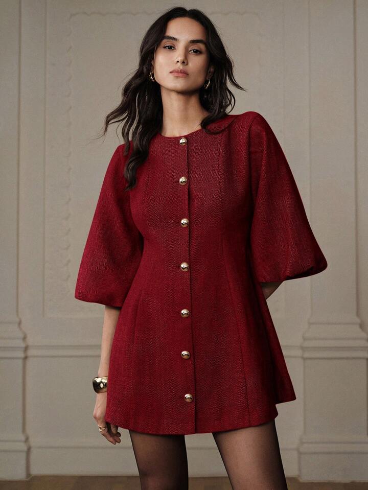 CM-DS217200 Women Elegant Seoul Style Round Neck Lantern Sleeve Single-Breasted Herringbone Knit Dress - Red