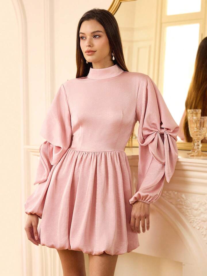 CM-DS335131 Women Elegant Seoul Style Satin Stand Collar Long Sleeve Dress With Bow Decor Cinched Waist Dress