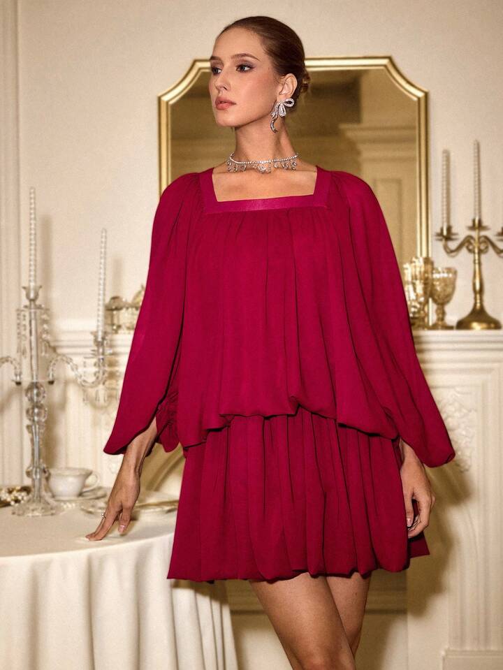 CM-DS209036 Women Elegant Seoul Style Square Collar 3/4 Sleeve Waist Cinched Pleated Hem Dress - Red