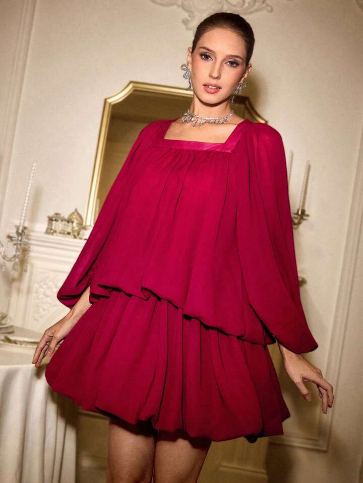 CM-DS209036 Women Elegant Seoul Style Square Collar 3/4 Sleeve Waist Cinched Pleated Hem Dress - Red