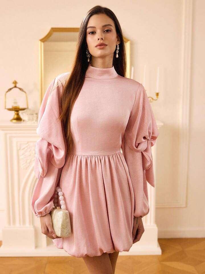 CM-DS335131 Women Elegant Seoul Style Satin Stand Collar Long Sleeve Dress With Bow Decor Cinched Waist Dress