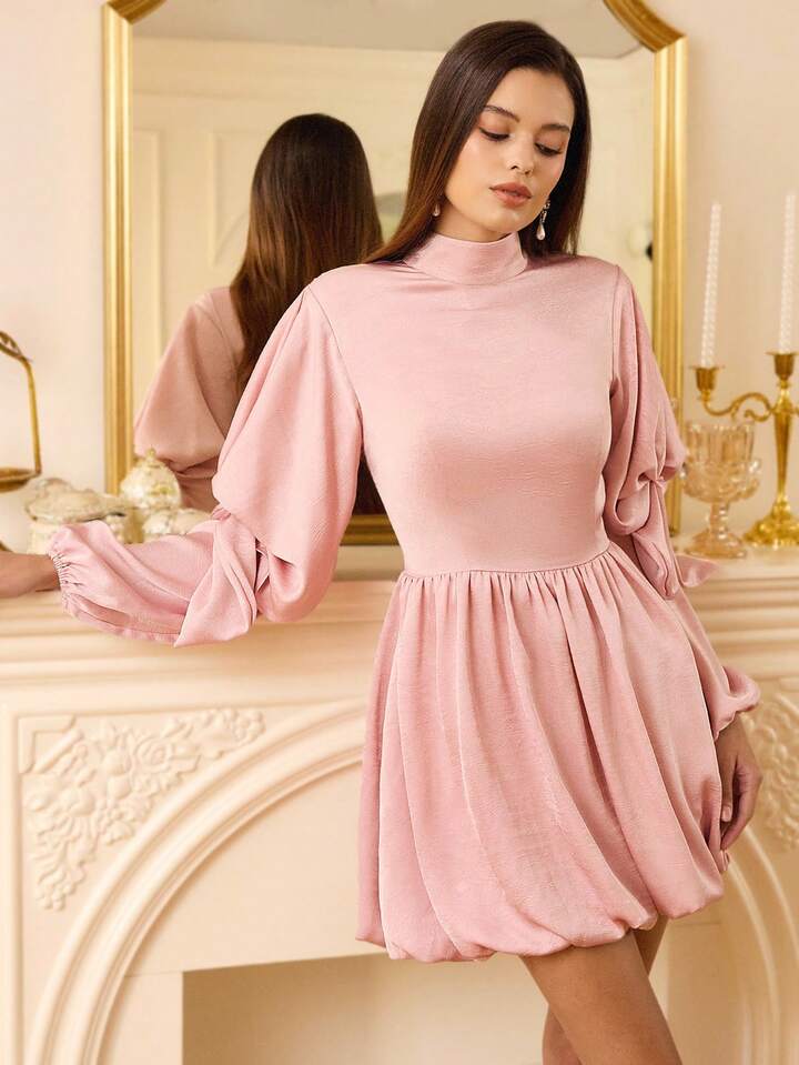 CM-DS335131 Women Elegant Seoul Style Satin Stand Collar Long Sleeve Dress With Bow Decor Cinched Waist Dress